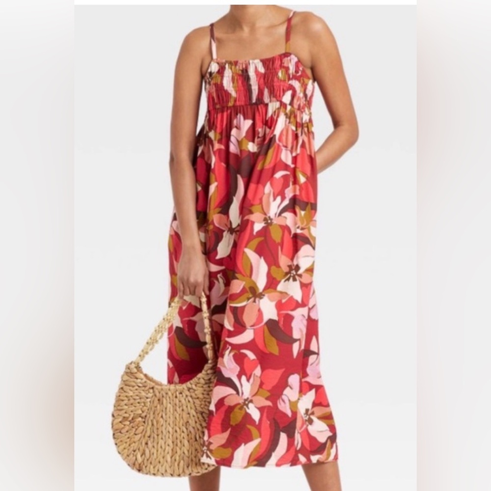 Target Burnt Orange Floral Smocked Midi Dress with pockets, fits L to XL